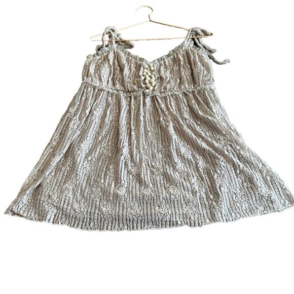 T. Bleu tiered Lace Pom detail rose gold shimmer babydoll blouse size large - Picture 1 of 6